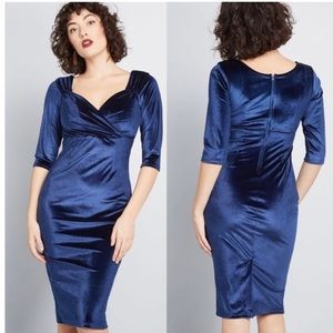 Rock Steady Blue Velvet Pencil Dress 3/4 Sleeve
